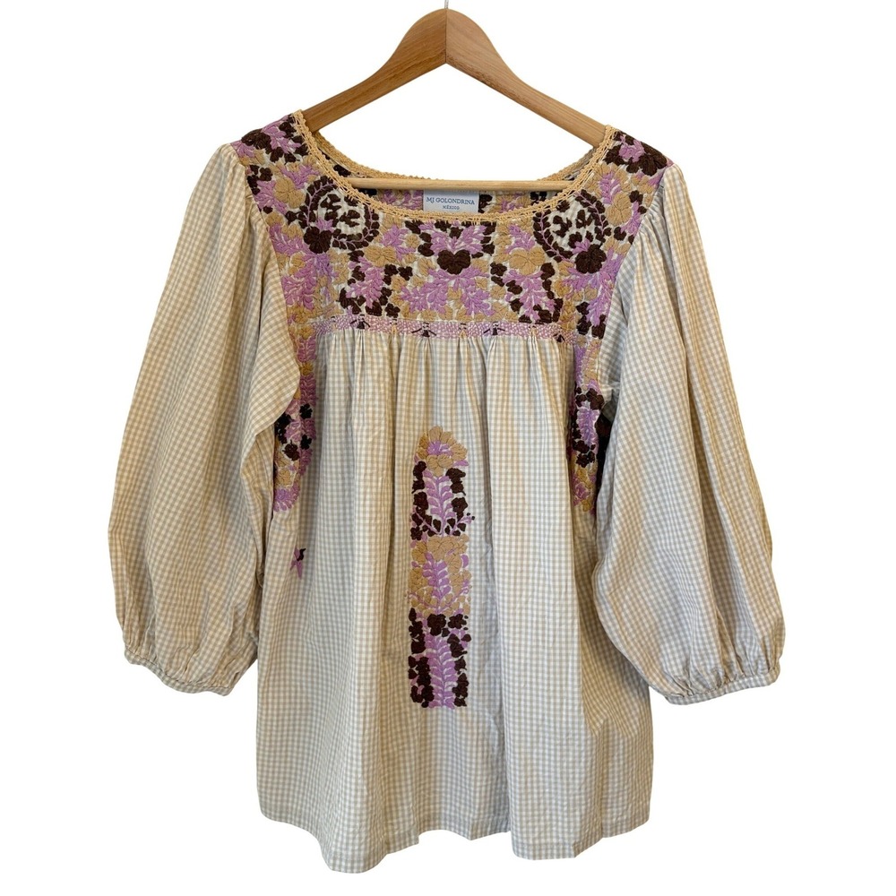 Mi Golondrina Catalina Embroidered Gingham Blouse Top S Floral Oaxacan Handmade
